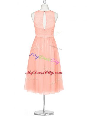 Spectacular Peach Evening Dress Prom and Party with Lace Scoop Sleeveless Zipper