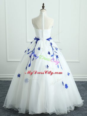 Fantastic White Organza Zipper Quinceanera Gown Sleeveless Floor Length Appliques