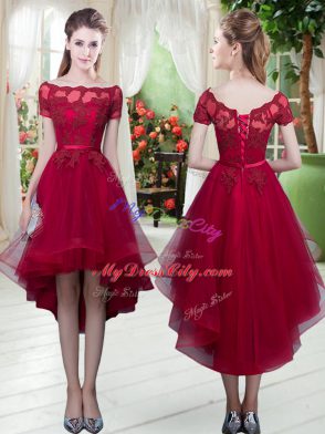 Edgy Wine Red Tulle Lace Up Prom Dresses Short Sleeves High Low Appliques