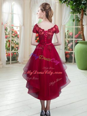 Edgy Wine Red Tulle Lace Up Prom Dresses Short Sleeves High Low Appliques