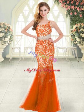 Edgy Orange Red Zipper Prom Dress Beading and Lace Sleeveless Floor Length