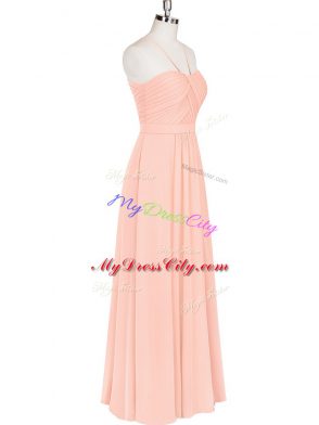 Pink Zipper Prom Dress Ruching Sleeveless Floor Length