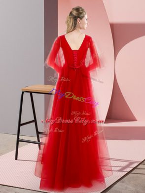 Decent V-neck Long Sleeves Prom Party Dress Floor Length Beading Pink and Fuchsia Tulle