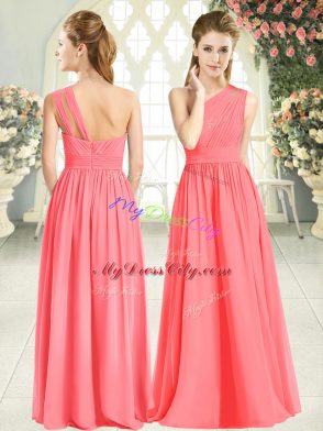 Ruching Prom Gown Watermelon Red Zipper Sleeveless Floor Length