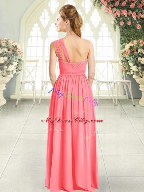 Ruching Prom Gown Watermelon Red Zipper Sleeveless Floor Length