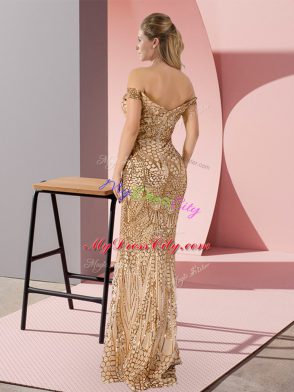 Ruching Prom Dress Gold Zipper Sleeveless Floor Length