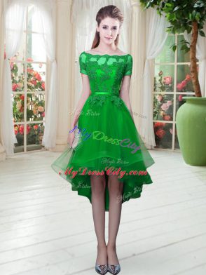 Suitable Short Sleeves Tulle High Low Lace Up Prom Gown in Green with Appliques