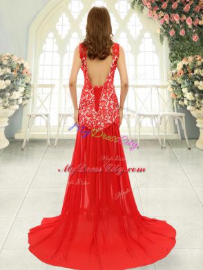 Scoop Sleeveless Chiffon Evening Dress Lace Brush Train Backless