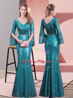 Fantastic Teal Zipper V-neck Belt Prom Dresses Sequined Long Sleeves