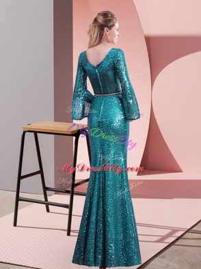 Fantastic Teal Zipper V-neck Belt Prom Dresses Sequined Long Sleeves