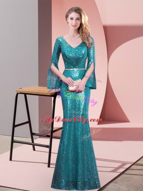 Fantastic Teal Zipper V-neck Belt Prom Dresses Sequined Long Sleeves