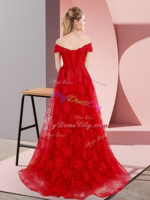 Stylish Tulle Off The Shoulder Sleeveless Sweep Train Lace Up Beading and Lace Evening Dress in Red