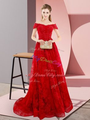 Stylish Tulle Off The Shoulder Sleeveless Sweep Train Lace Up Beading and Lace Evening Dress in Red