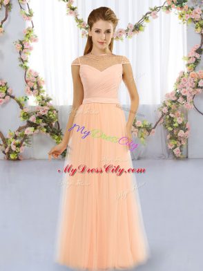 Top Selling Peach Zipper Wedding Guest Dresses Beading Cap Sleeves Floor Length