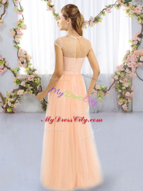 Top Selling Peach Zipper Wedding Guest Dresses Beading Cap Sleeves Floor Length