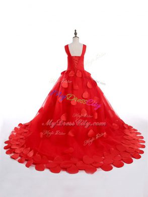 Red Pageant Dress for Teens Wedding Party with Appliques Straps Sleeveless Brush Train Lace Up