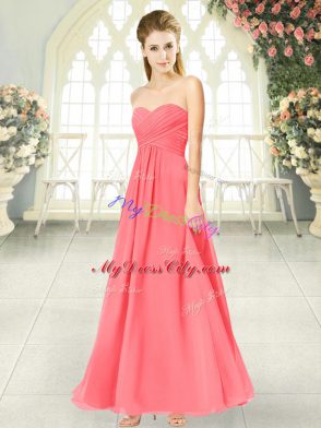 Ankle Length Watermelon Red Evening Party Dresses Chiffon Sleeveless Ruching