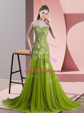 Sweet Sleeveless Tulle Sweep Train Backless Evening Dress in Olive Green with Beading and Appliques