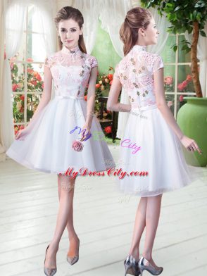 White Prom Dress Prom and Party with Appliques High-neck Short Sleeves Zipper