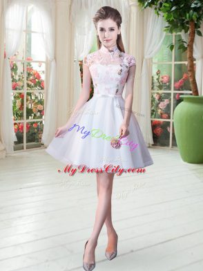 White Prom Dress Prom and Party with Appliques High-neck Short Sleeves Zipper