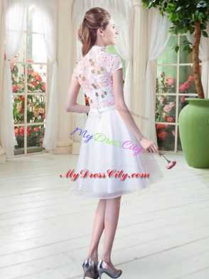 White Prom Dress Prom and Party with Appliques High-neck Short Sleeves Zipper