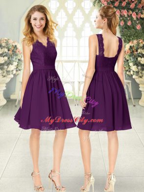 Vintage Sleeveless Chiffon Knee Length Zipper Prom Gown in Purple with Lace