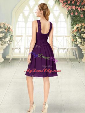 Vintage Sleeveless Chiffon Knee Length Zipper Prom Gown in Purple with Lace