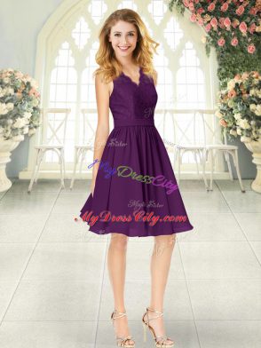 Vintage Sleeveless Chiffon Knee Length Zipper Prom Gown in Purple with Lace