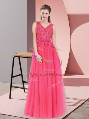 Charming Sleeveless Floor Length Lace Backless Homecoming Dress with Hot Pink