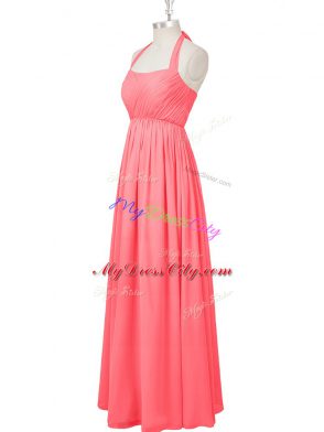 Watermelon Red Zipper Halter Top Ruching Prom Evening Gown Chiffon Sleeveless