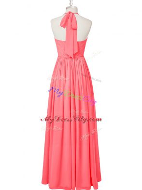 Watermelon Red Zipper Halter Top Ruching Prom Evening Gown Chiffon Sleeveless