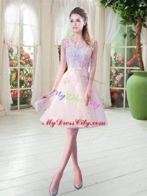 Eye-catching Tulle Scoop Sleeveless Zipper Appliques Dress for Prom in Champagne