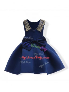 Fashion Navy Blue Ball Gowns Appliques and Bowknot Pageant Dress for Womens Zipper Satin Sleeveless Mini Length