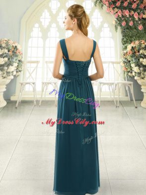 High Quality Blue Chiffon Lace Up Spaghetti Straps Sleeveless Floor Length Prom Party Dress Beading and Ruching