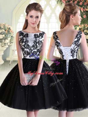 Glorious Black Scoop Lace Up Beading and Lace Dress for Prom Sleeveless