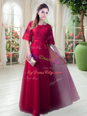 On Sale Red Tulle Zipper Scoop Half Sleeves Floor Length Homecoming Dress Appliques