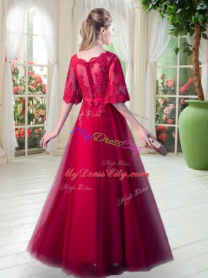 On Sale Red Tulle Zipper Scoop Half Sleeves Floor Length Homecoming Dress Appliques