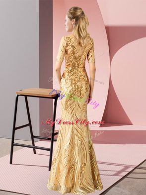 Edgy Green Mermaid Scoop Half Sleeves Floor Length Zipper Sequins Dress for Prom