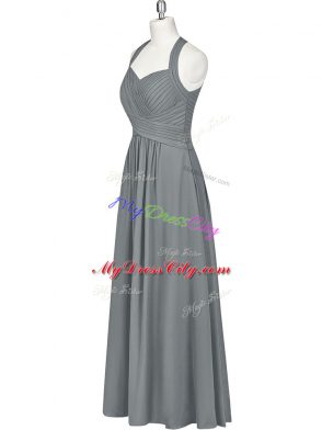 Wonderful Sleeveless Floor Length Ruching Zipper Evening Dress with Grey