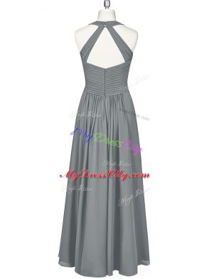 Wonderful Sleeveless Floor Length Ruching Zipper Evening Dress with Grey