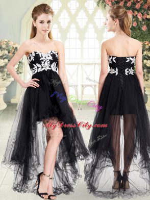 Black Tulle Lace Up Evening Dress Sleeveless High Low Appliques