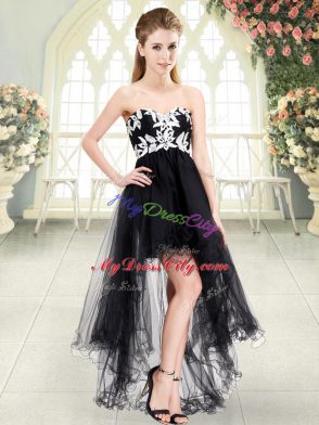 Black Tulle Lace Up Evening Dress Sleeveless High Low Appliques