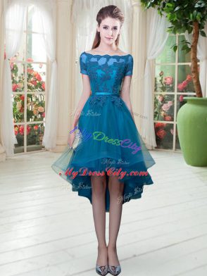 Teal Lace Up Off The Shoulder Appliques Evening Dress Tulle Short Sleeves