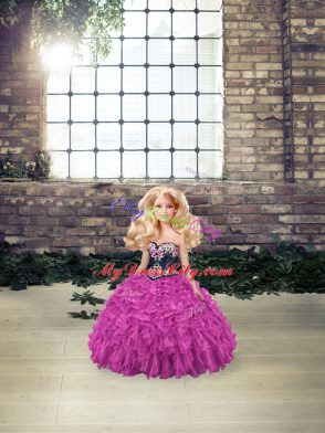 Fuchsia Ball Gowns Embroidery and Ruffles Sweet 16 Dress Lace Up Organza Sleeveless