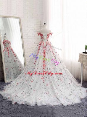 Fabulous Appliques Ball Gown Prom Dress White Lace Up Sleeveless Brush Train