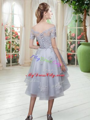 Pretty Off The Shoulder Short Sleeves Lace Up Prom Dress Grey Tulle