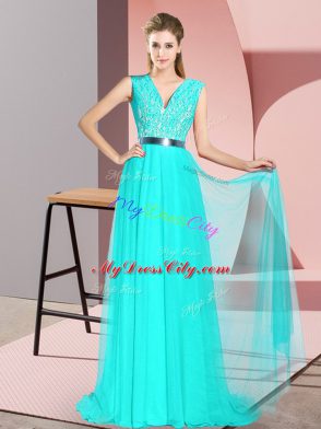 Sleeveless Sweep Train Zipper Beading and Lace Prom Party Dress