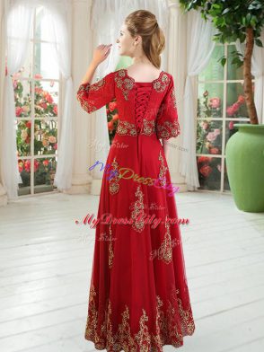 New Style Half Sleeves Lace Up Floor Length Lace Prom Party Dress