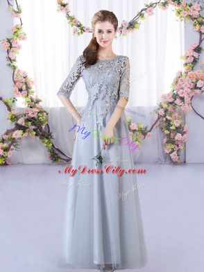 Grey Scoop Neckline Lace Dama Dress Half Sleeves Lace Up