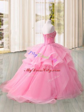 High Quality Pink Ball Gowns Tulle Sweetheart Sleeveless Beading and Ruffles Lace Up Quince Ball Gowns Sweep Train